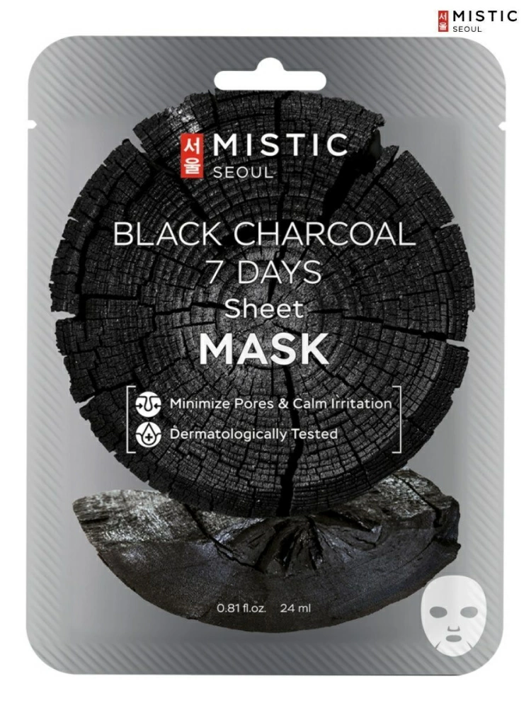 MISTIC BLACK CHARCOAL 7 DAYS Sheet mask Тканевая маска для лица с древесным углём 24мл