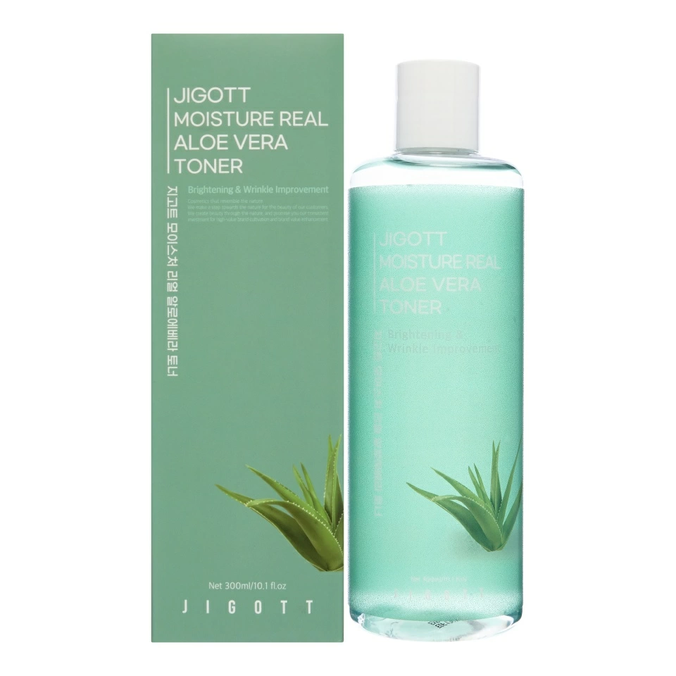 Jigott Aloe Тонер для лица увлажняющий с алоэ Moisture Real Aloe Vera Toner, 300 мл.