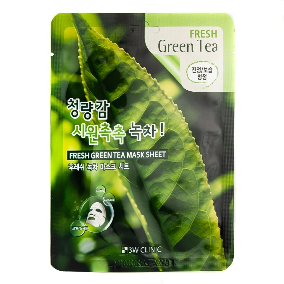 3W Clinic Тканевая маска с экстрактом зеленого чая Fresh Green Tea Mask Sheet, 23 мл.